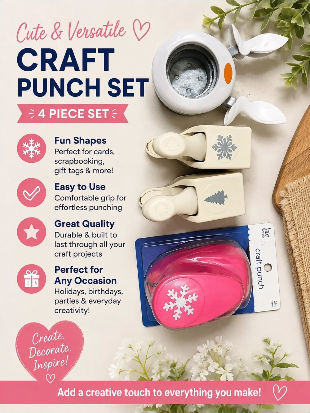 Craft Punch Set - 4 Piece Pink & Cream Paper Hole Punches